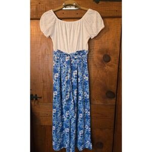 BY & BY Girl Floral Eyelet Jumpsuit Blue White Wide Leg Size 10